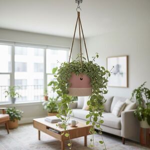 5.5" Pink and Beige Hanging Planter with Rope | Modern Boho Ceramic Plant Pot